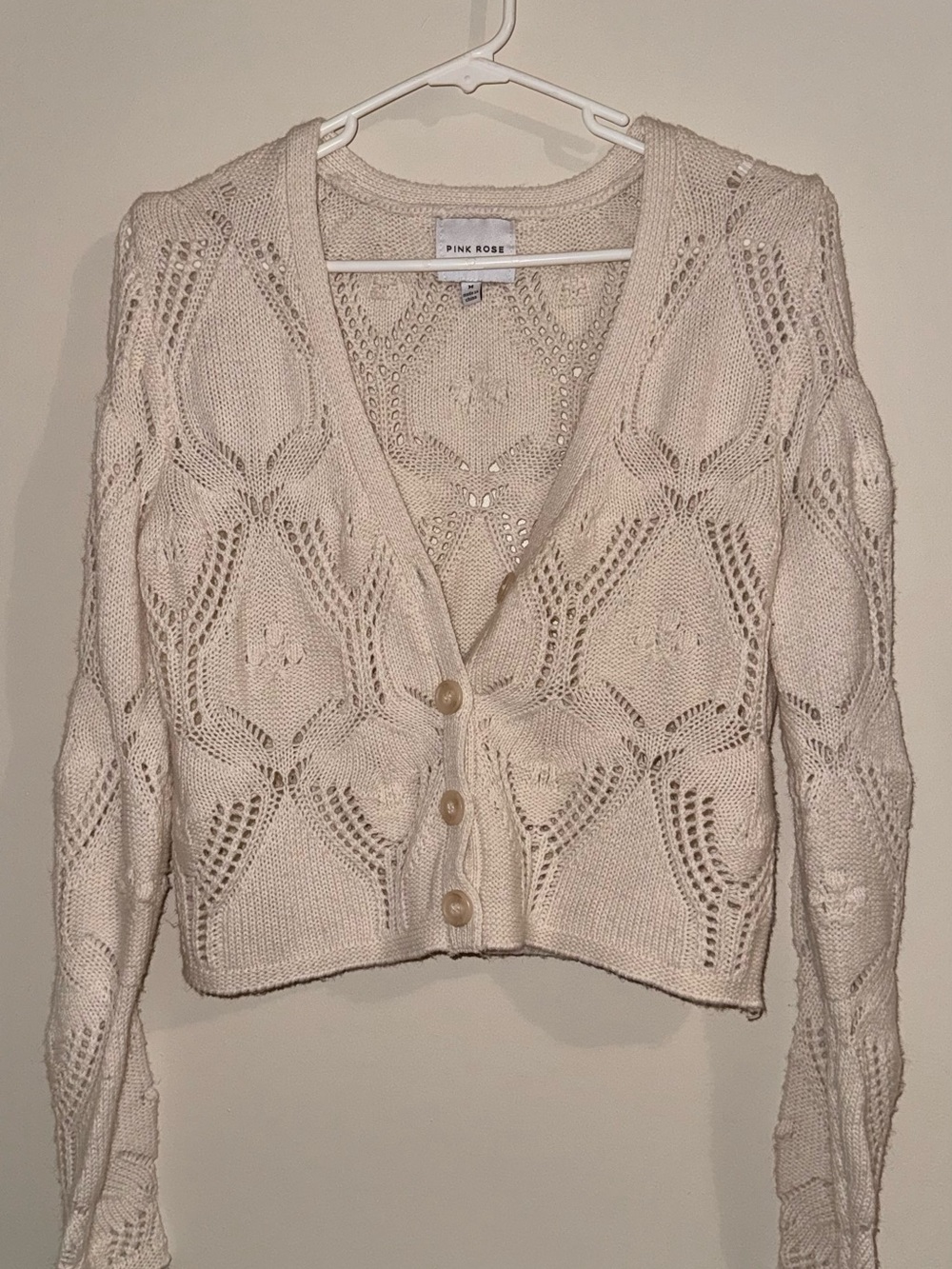 Pink Rose Cream Open-Knit V-Neck Button Cardigan